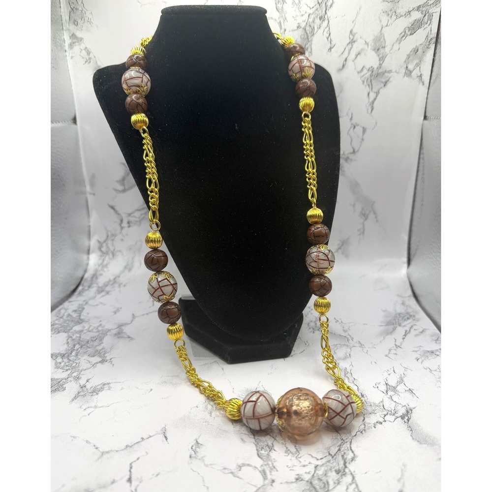Gold Tone Statement Necklace Crackle‎ Beads Long 29in Artisan Runway Style